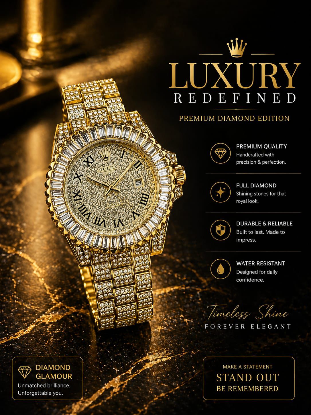 Rolex Diamond Edition Gold Luxury Watch for Men – Premium Iced Out Stainless Steel