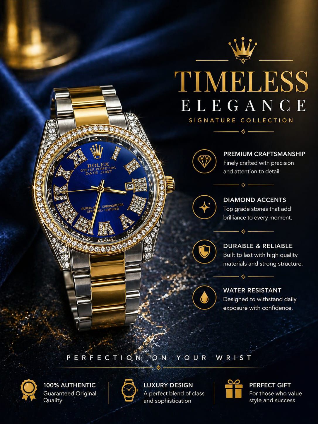 Rolex Oyster Perpetual Blue Diamond Edition Watch – Premium Gold & Silver Luxury Chain